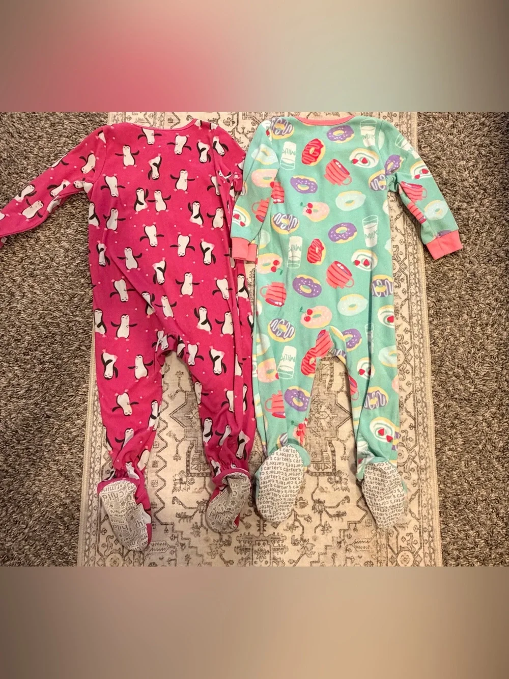 Carter's Pink Penguin Footed One-Piece & Mint Snack Print Pajamas - Two Pack